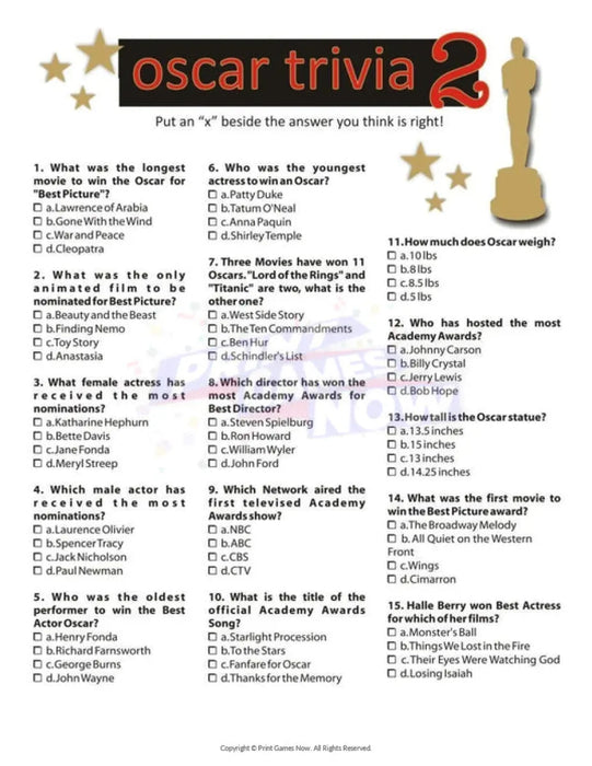 Printable All Oscars Trivia Games Pack