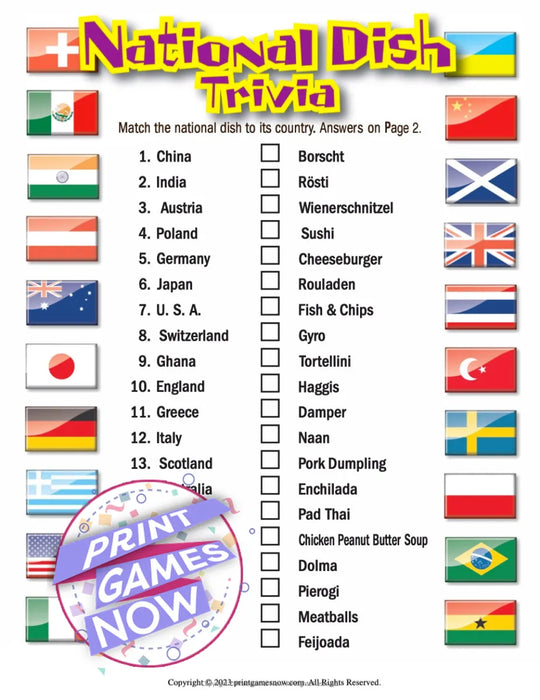 Printable Food & Drinks National Dish Trivia Party Game