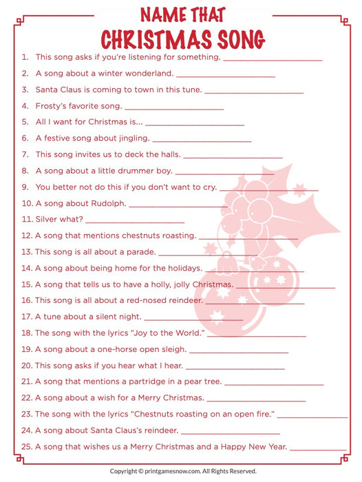 Name that Christmas Song Quiz Party Game