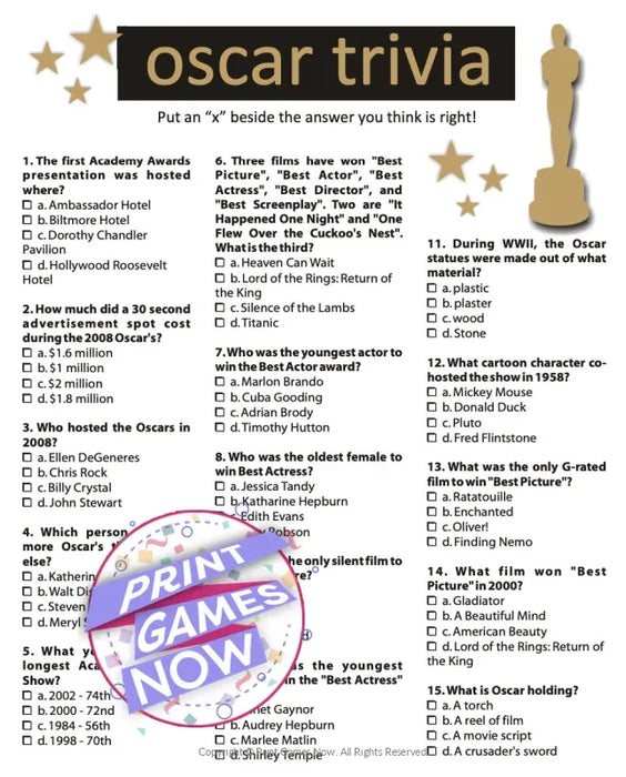 Printable Pop Culture Oscar Trivia Party Game