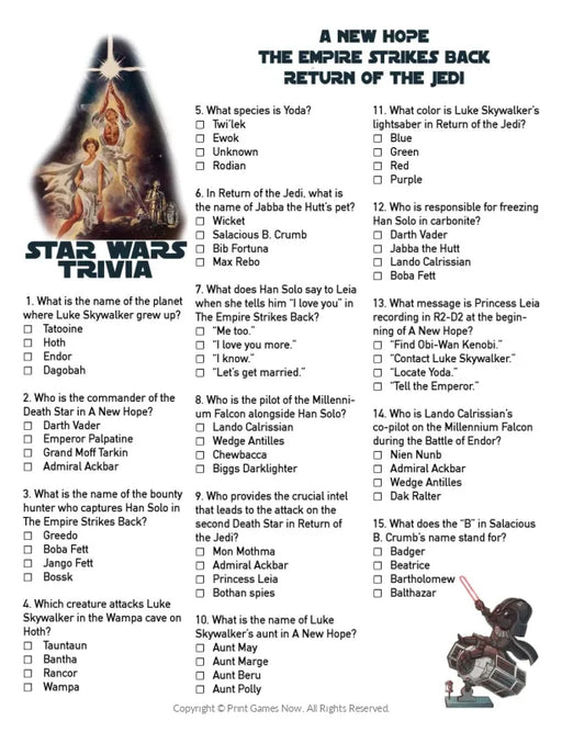 Printable Star Wars Trivia Party Game - Original Trilogy Edition