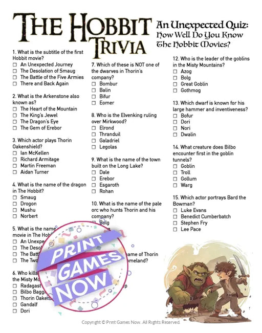 Printable The Hobbit: An Unexpected Quiz Trivia Party Game