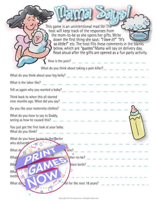 Baby Shower: Mama Says Mad Libs