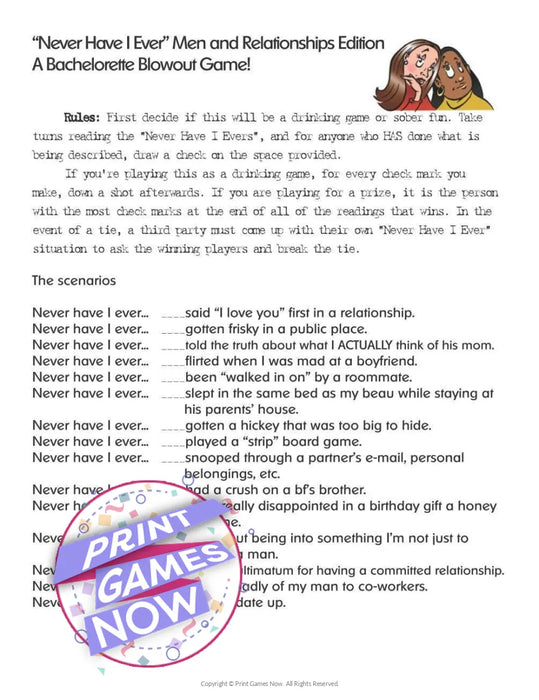 Bachelor Party: Bachelorette Never Have I Ever Game