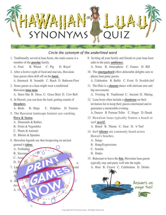 Hawaiian Luau Party: Synonyms Quiz