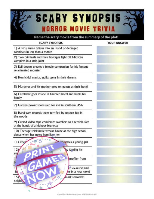 Pop Culture Games: Scary Synopsis Horror Movie Trivia