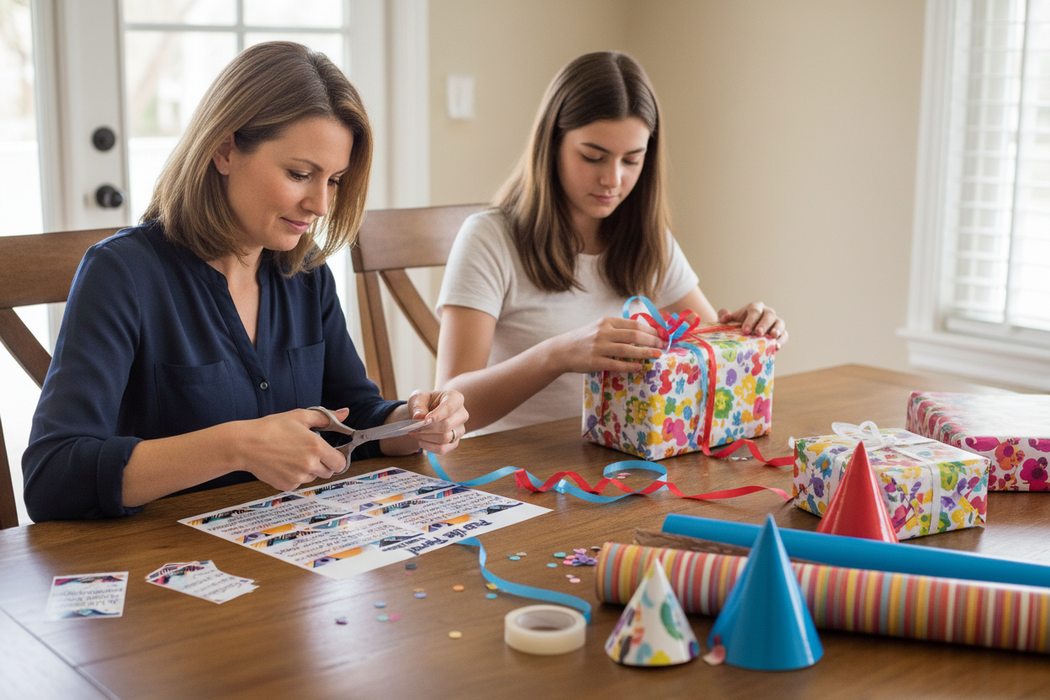 Mother and teenage daughter preparing Pass the Parcel game with smaller pages