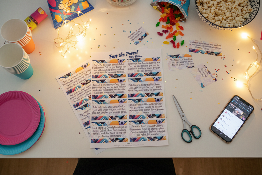Pass the Parcel Teens Edition with A4 page overhead view