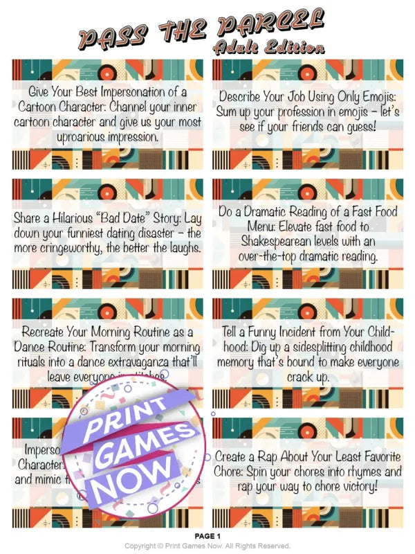 Printable Pass the Parcel: Adult Edition – 25 Hilarious Tasks — Print ...