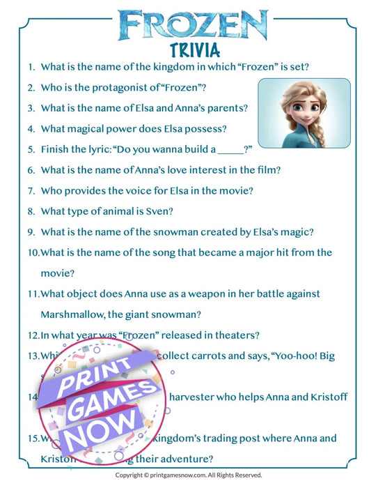 Printable Pop Culture Frozen Trivia Party Game