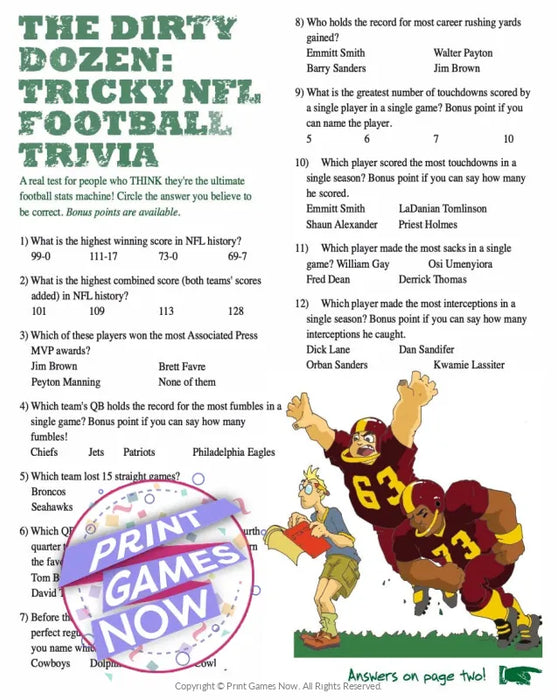 Printable Super Bowl Dirty Dozen Trivia Party Game