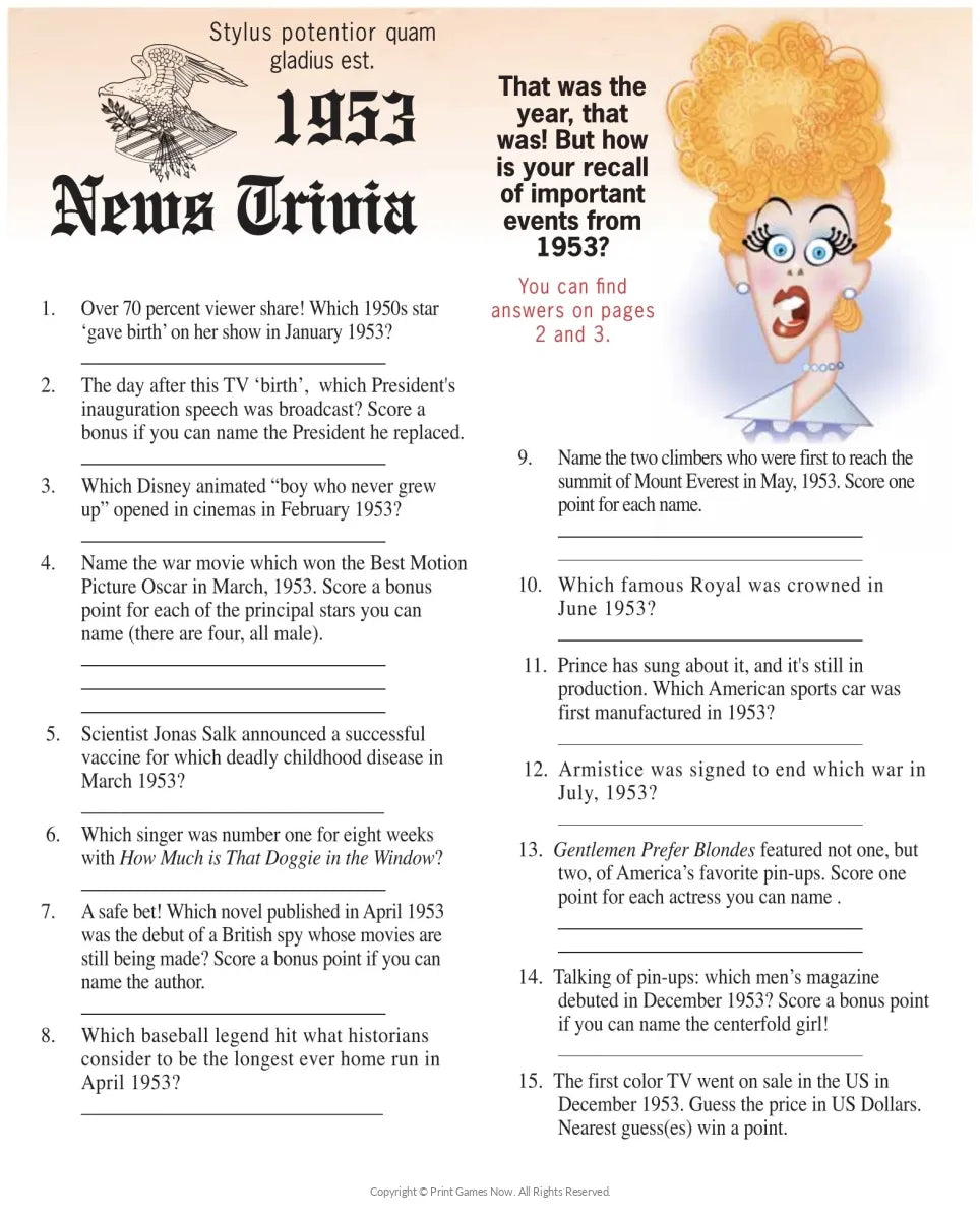Printable Trivia of the Year: 1953 — Print Games Now