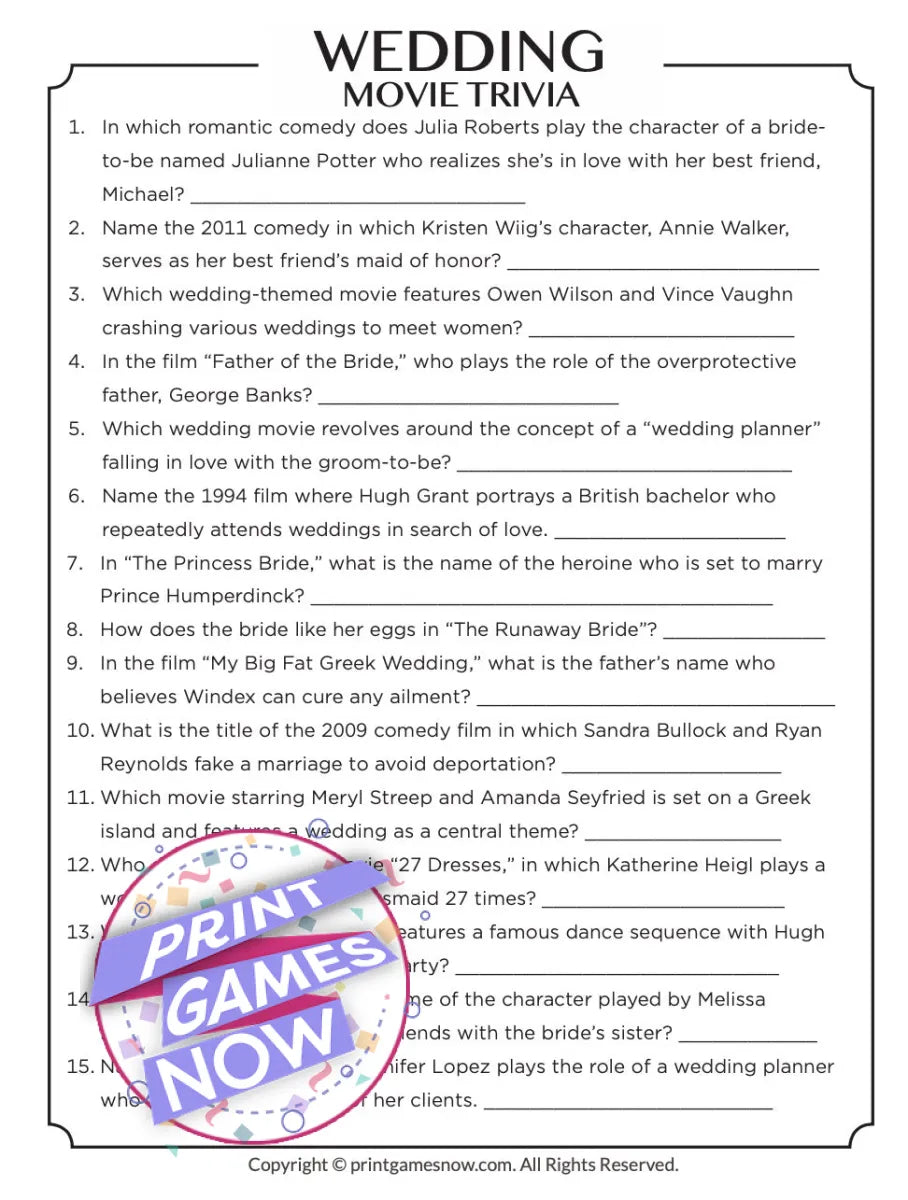 Printable Wedding Movie Trivia Party Game — Print Games Now printable-wedding-movie-trivia-party-game-print-games-now