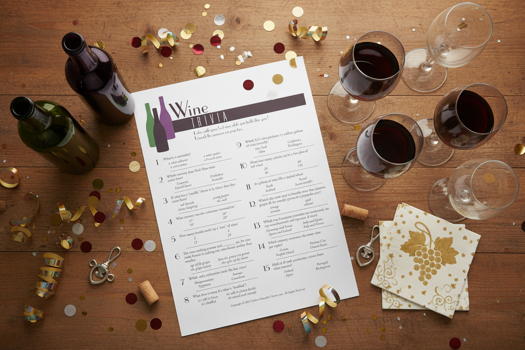 Wine Trivia game flat lay with wine bottles and party items