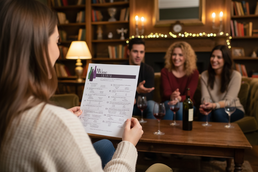 Woman holding Wine Trivia game with friends in lounge