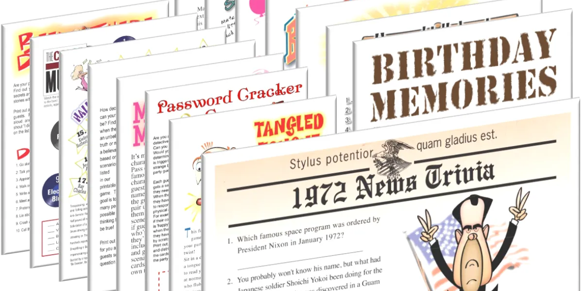 Printable 1972 Birthday Pack + FREE Party Games Bundle — Print Games Now