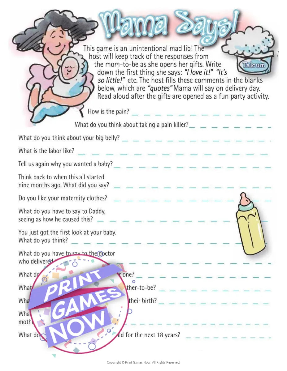 Printable Baby Shower Mama Says Mad Libs Party Game — Print Games Now