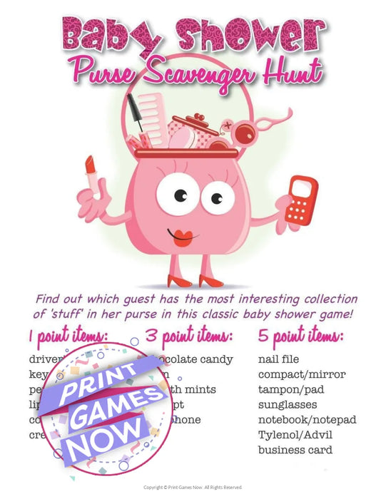 Printable Baby Shower Purse Scavenger Hunt Party Game — Print Games Now Printable Baby Shower Purse Scavenger Hunt Party Game — Print Games Now