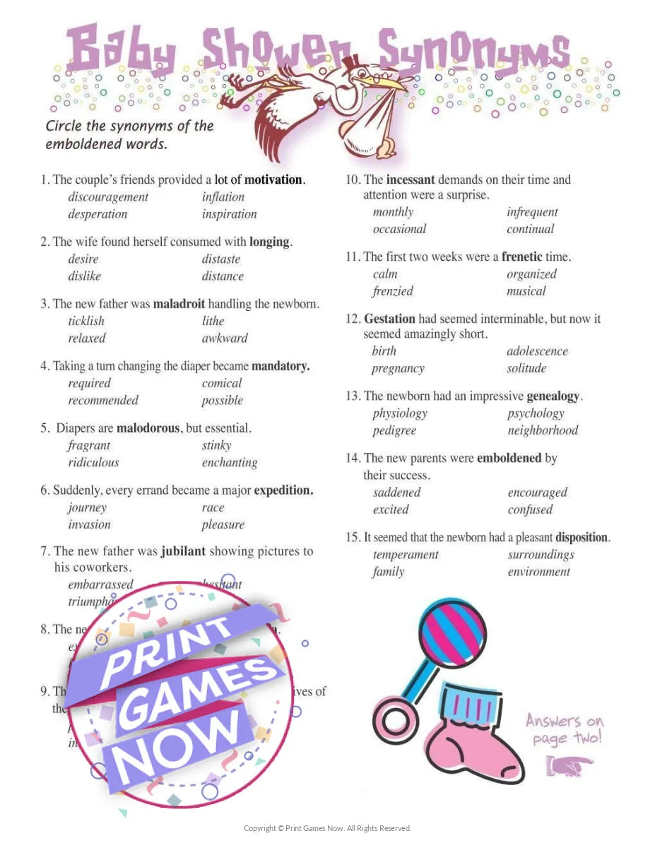 Printable Baby Shower Synonyms Quiz Party Game — Print Games Now