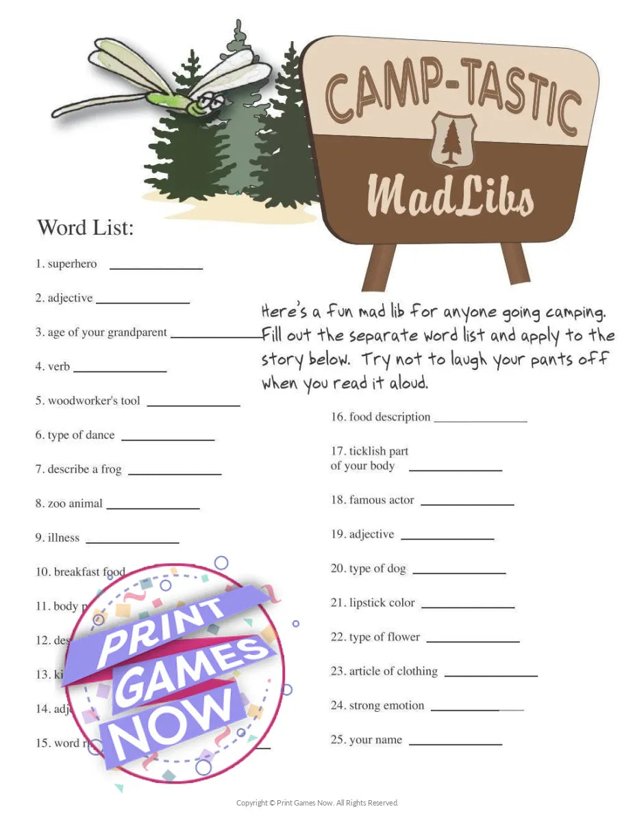 Printable Camping Games Camp-Tastic Mad Libs Party Game — Print Games Now