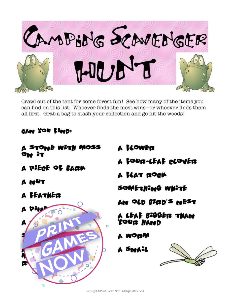 Printable Camping Games Scavenger Hunt Party Game — Print Games Now