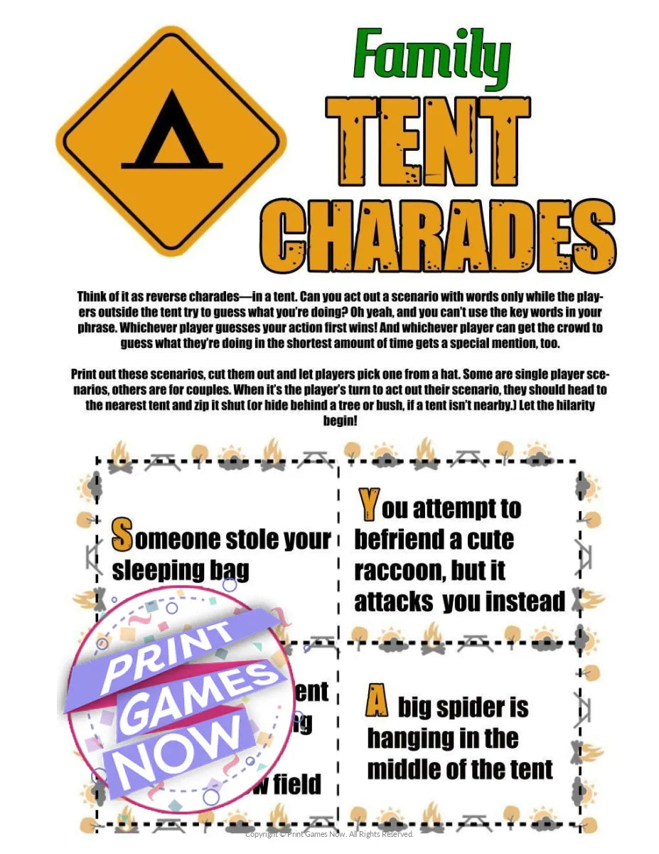 camping tent game Printable Camping Games Tent Charades For All Party Game — Print Games Now