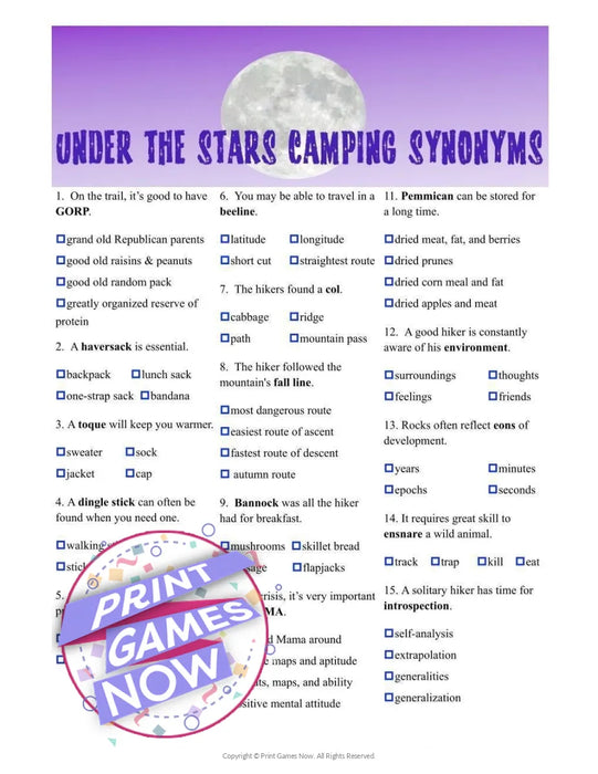 Camping Games: Under The Stars Synonyms