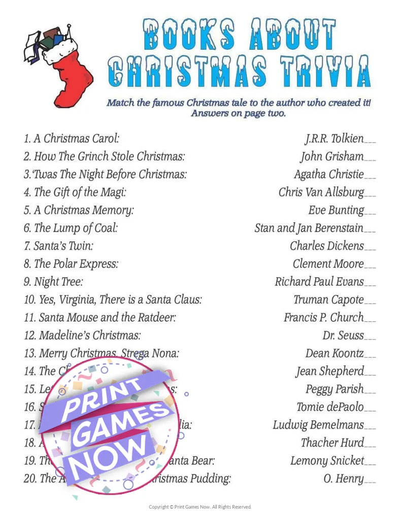 Printable Christmas Books Trivia Match Party Game — Print Games Now printable-christmas-books-trivia-match-party-game-print-games-now