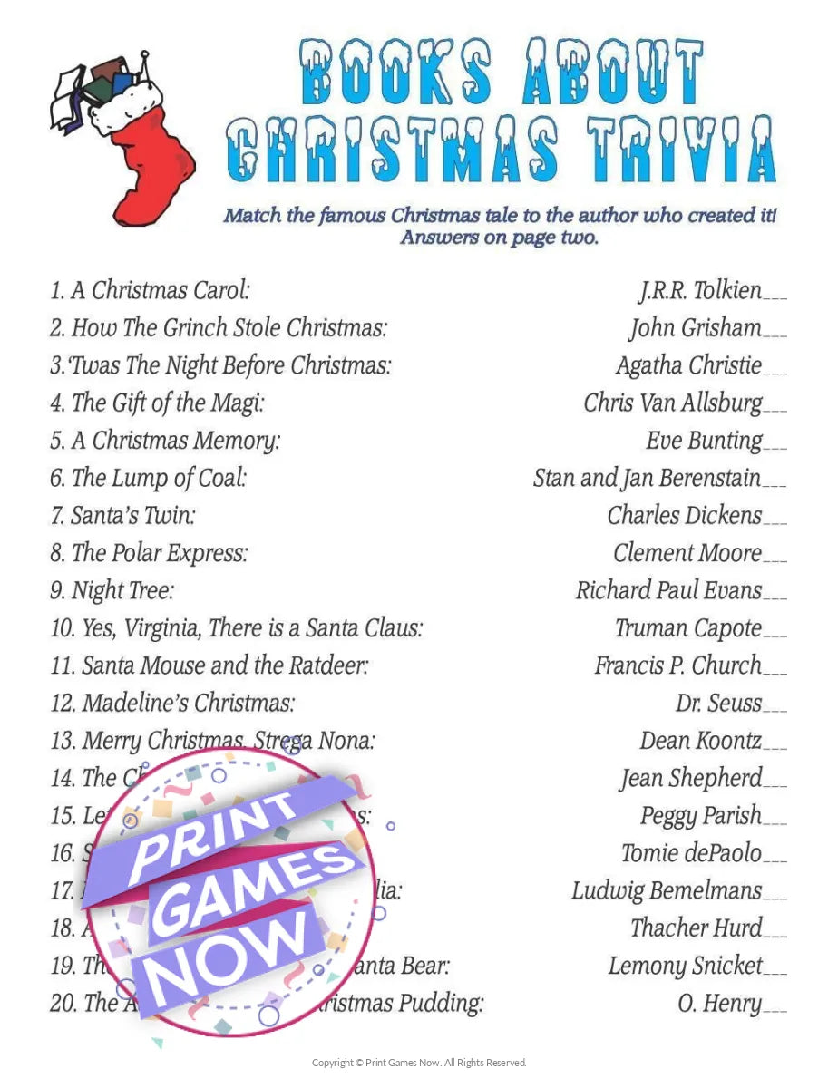 printable-christmas-books-trivia-match-party-game-print-games-now for Christmas Movie Trivia Free Printable Printable Christmas Books Trivia Match Party Game — Print Games Now for Christmas Movie Trivia Free Printable