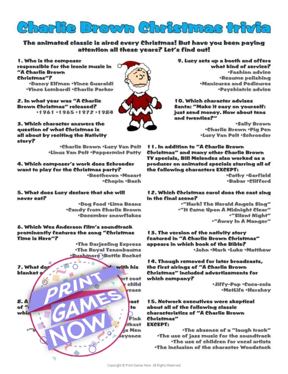 printable christmas charlie brown trivia party game printable christmas charlie brown trivia party game — print games now