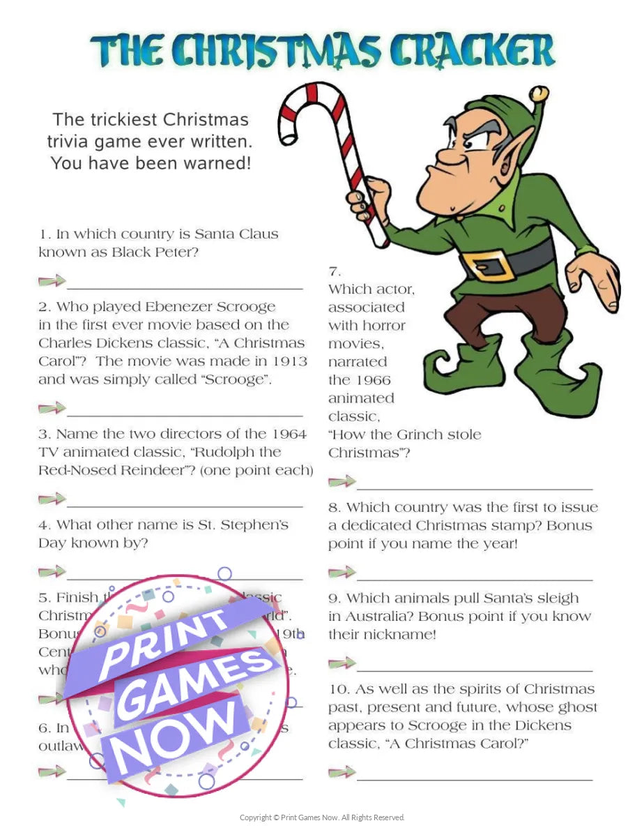 Printable Christmas Cracker Hard Trivia Party Game — Print Games Now for Free Printable Grinch Trivia Printable