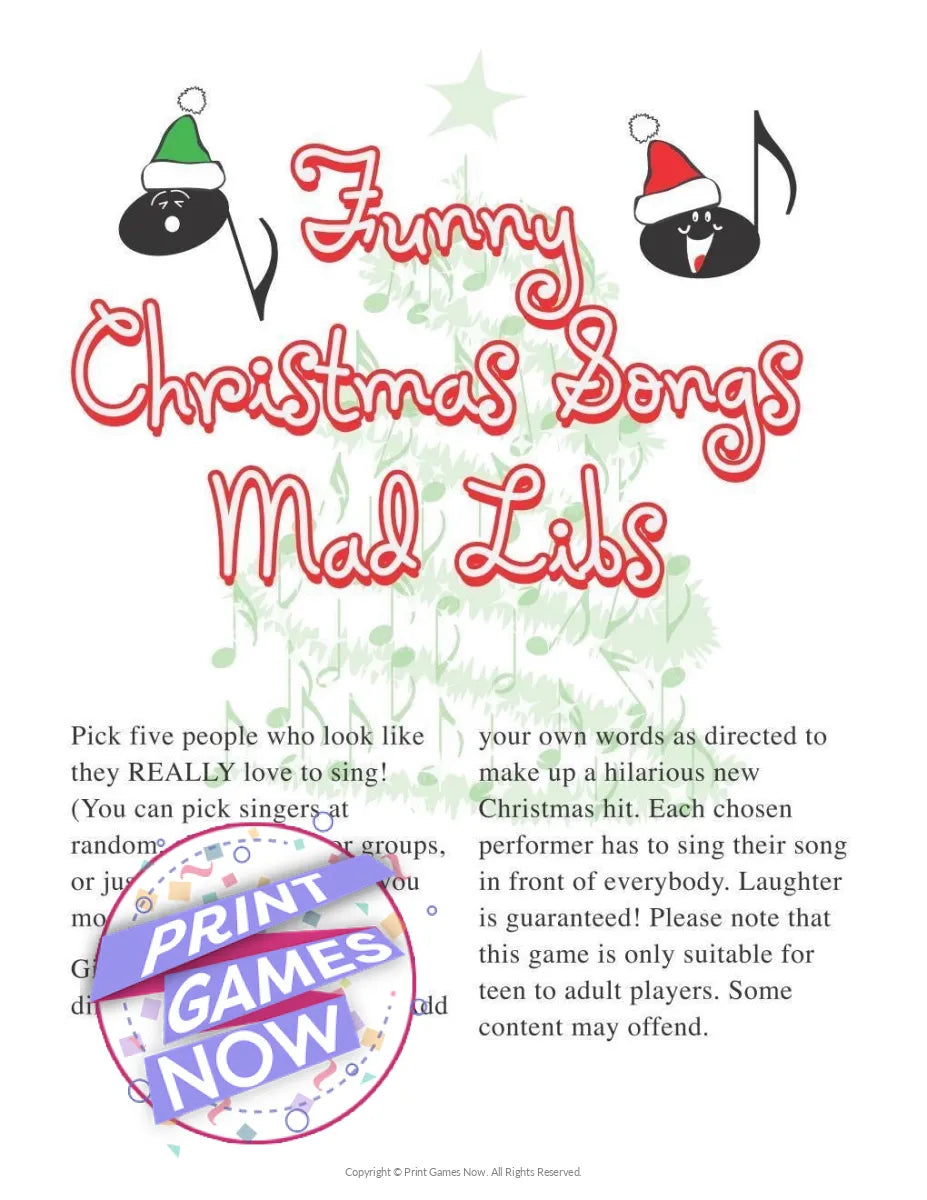 Printable Christmas Funny Songs Mad Libs Party Game — Print Games Now Printable Christmas Funny Songs Mad Libs Party Game — Print Games Now