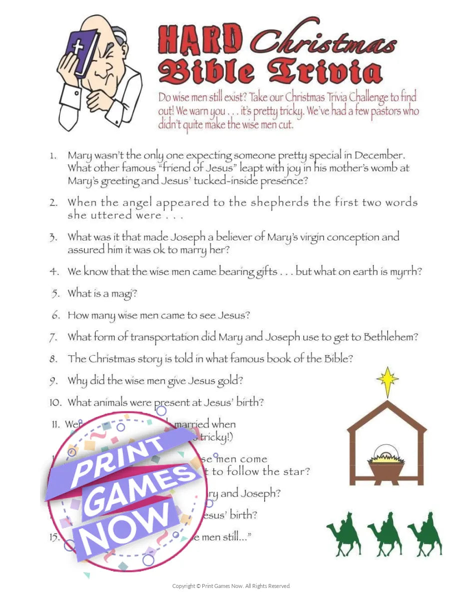 Printable Christmas Hard Bible Trivia Party Game — Print Games Now for Free Printable Bible Trivia Questions And Answers For Adults