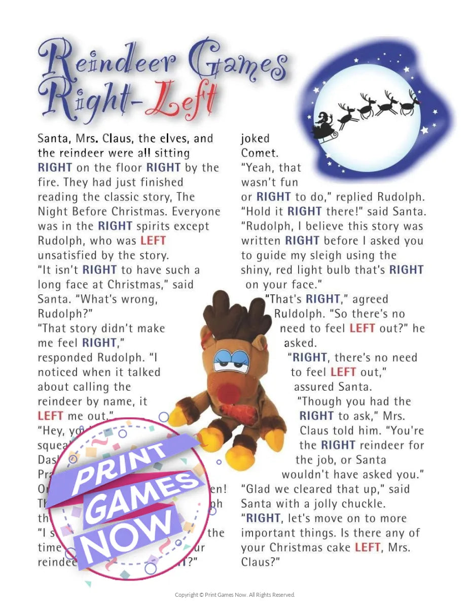 printable christmas reindeer left right party game printable christmas reindeer left right party game — print games now