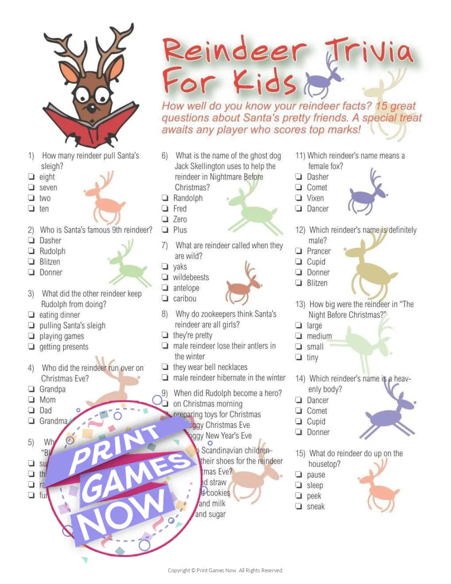 Printable Christmas Reindeer Trivia For Kids Party Game — Print Games Now printable-christmas-reindeer-trivia-for-kids-party-game-print-games-now