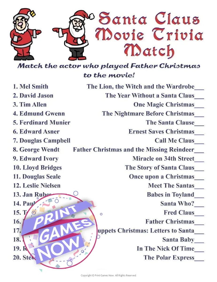 printable-christmas-santa-claus-movie-match-party-game-print-games-now for Christmas Movie Games Printable Free Printable Christmas Santa Claus Movie Match Party Game — Print Games Now for Christmas Movie Games Printable Free