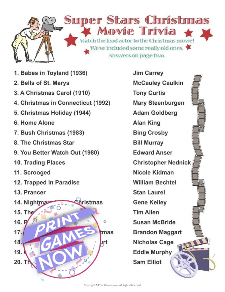 Printable Christmas Super Stars Movies Trivia Party Game — Print Games Now printable-christmas-super-stars-movies-trivia-party-game-print-games-now