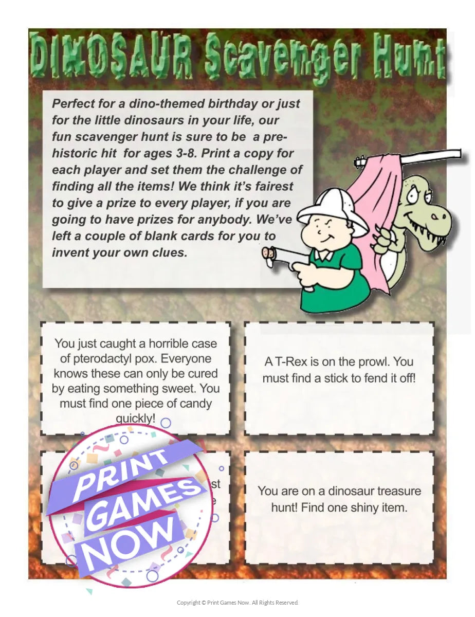 Printable Dinosaur Scavenger Hunt Party Game — Print Games Now for Free Printable Dinosaur Scavenger Hunt