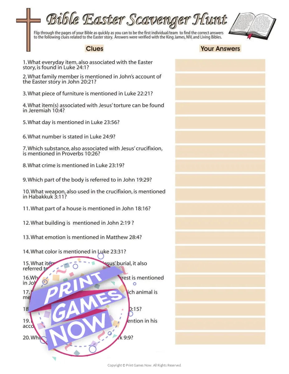 Printable Easter Bible Scavenger Hunt Party Game — Print Games Now for Free Printable Bible Scavenger Hunt
