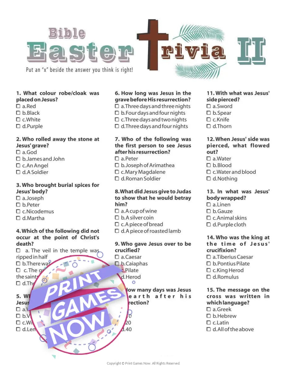 Printable Easter Bible Trivia II Party Game — Print Games Now for Free Printable Bible Trivia Questions