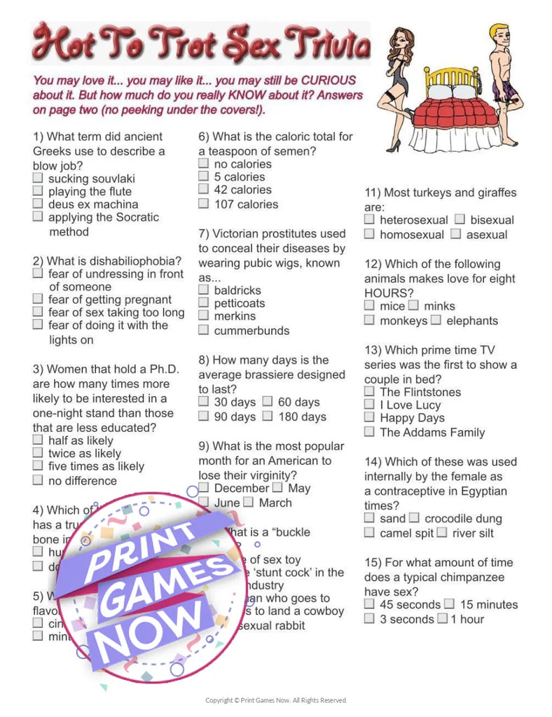 Printable Facts About Sex Trivia Adult Party Game — Print Games Now