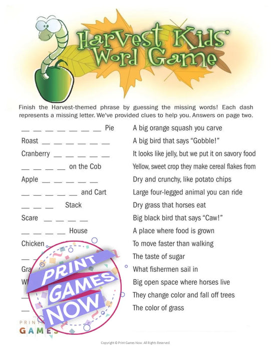 Fall Harvest: Kids' Word Game