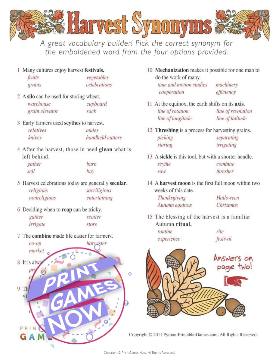 Printable Fall Harvest Synonyms Party Game — Print Games Now