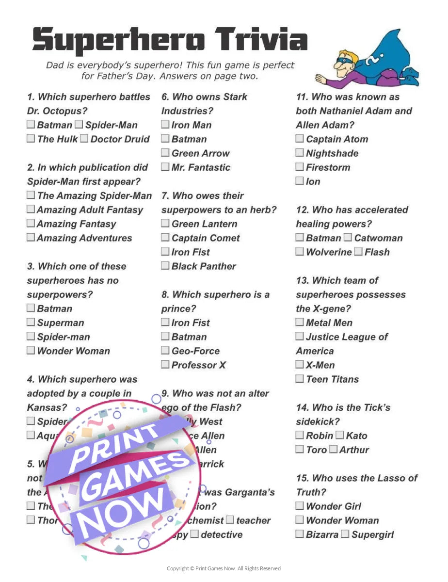 Printable Father's Day Super Hero Trivia Party Game — Print Games Now