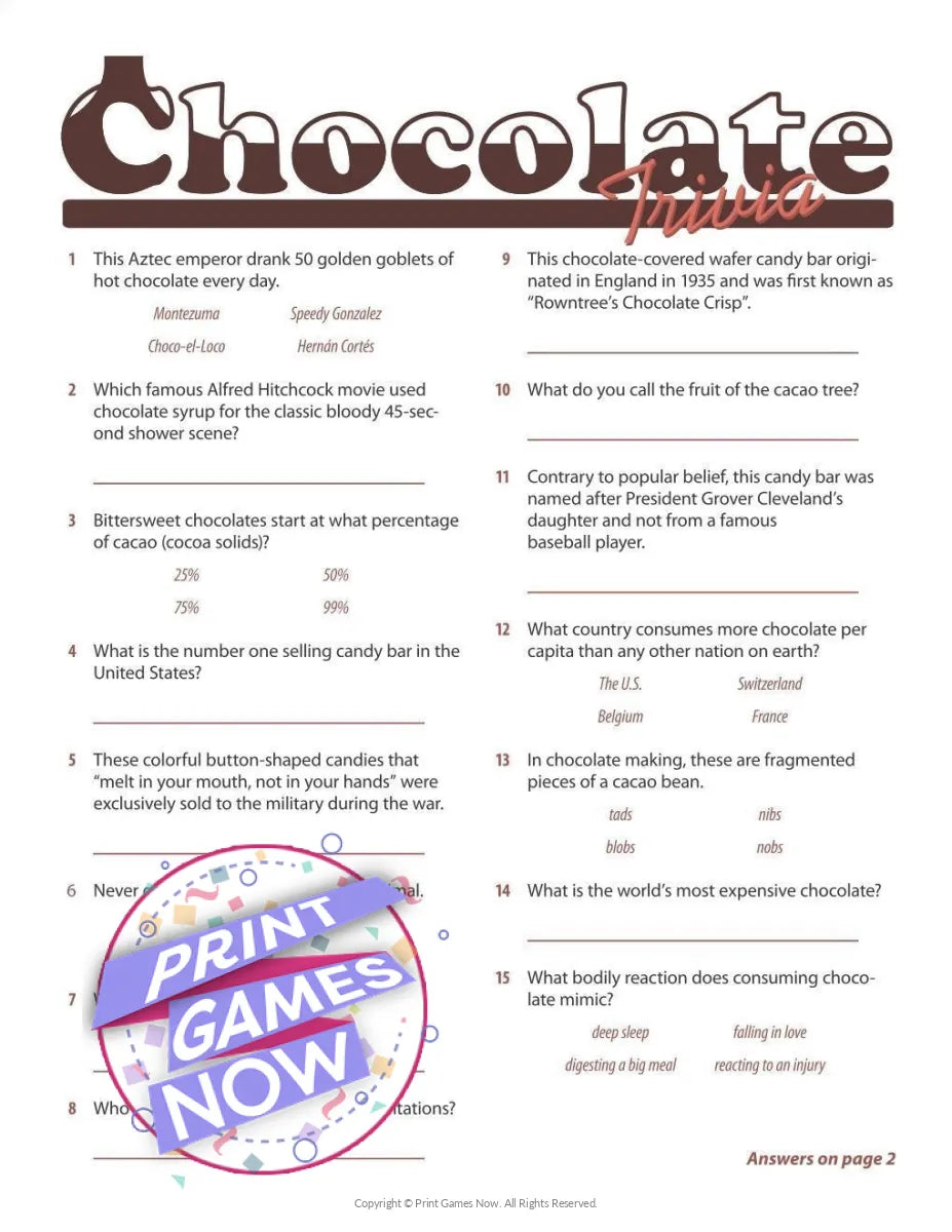 Printable Food &amp; Drinks Chocolate Trivia Party Game — Print Games Now