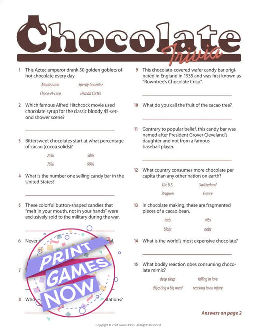 Foods & Drinks Games: Chocolate Trivia Game