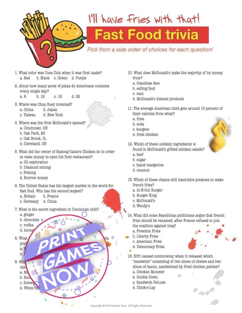 Printable Food Drinks Fast Food Trivia Party Game — Print Games Now