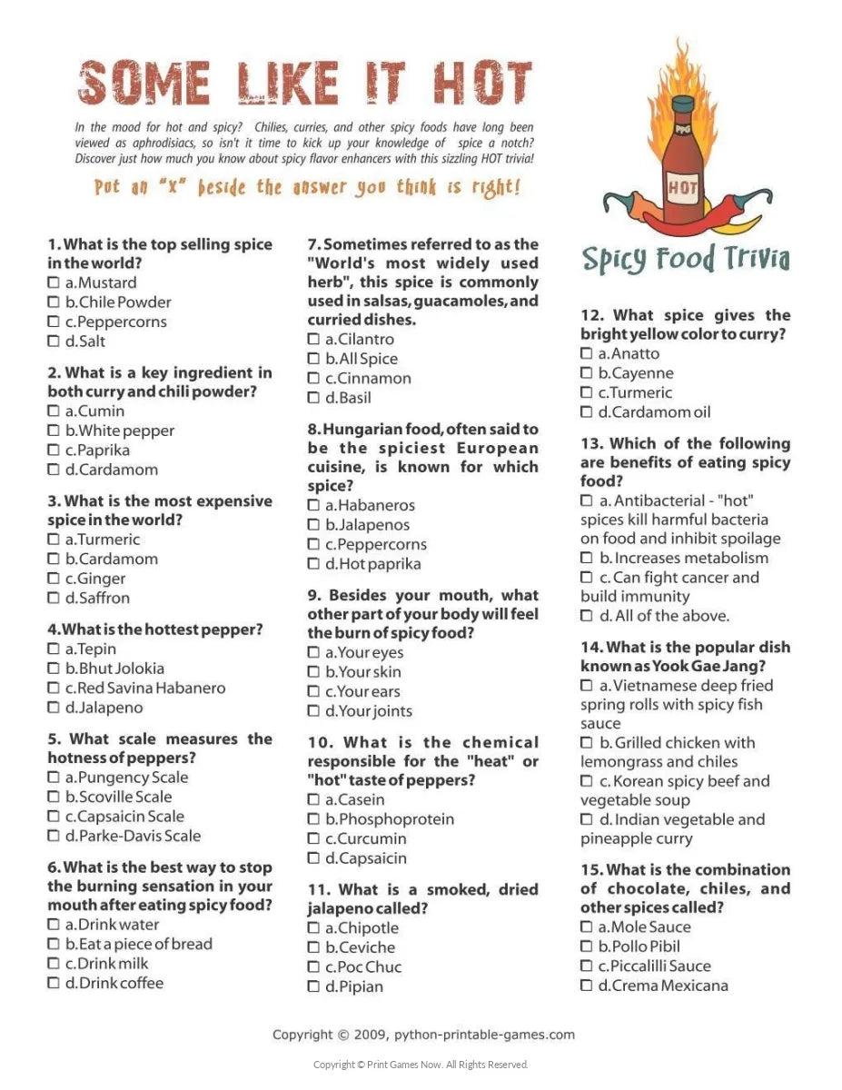 Humorous Food Trivia Printable Food & Drinks Hot and Spicy Food Trivia Party Game — Print ...