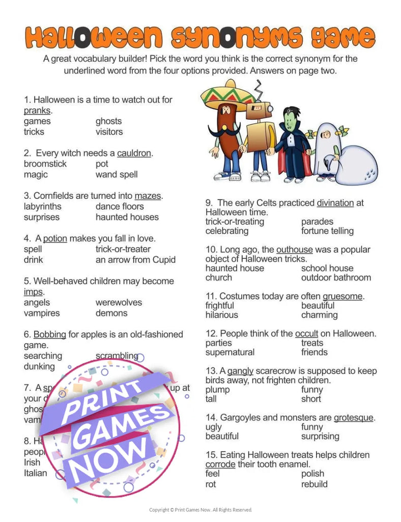 synonym for monsters Printable Halloween Synonyms For Kids Party Game — Print Games Now