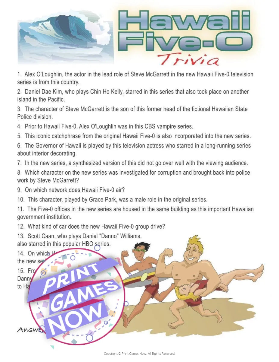 Printable Hawaiian Luau Hawaii Five O Trivia Party Game — Print Games Now printable-hawaiian-luau-hawaii-five-o-trivia-party-game-print-games-now